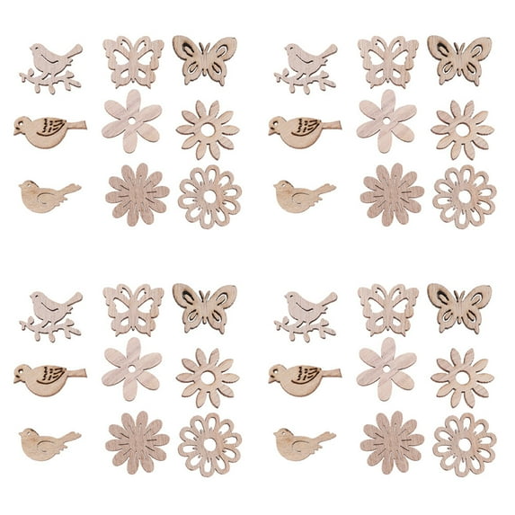 200Pcs Wooden Pieces Creative Flower Bird Natural Wood Plate for DIY Crafts Mixed Type