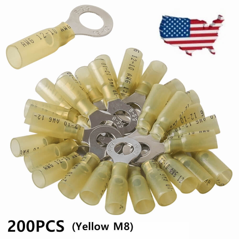 200Pcs Yellow 12-10GA 5/16" Ring Heat Shrink Electrical Connector Crimp Terminal