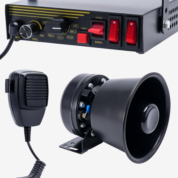 200W 12V 9 Tone Emergency Siren System, Black Steel Speaker Horn, Handheld phone, for Emergency Vehicles Truck Firefighters Ambulance