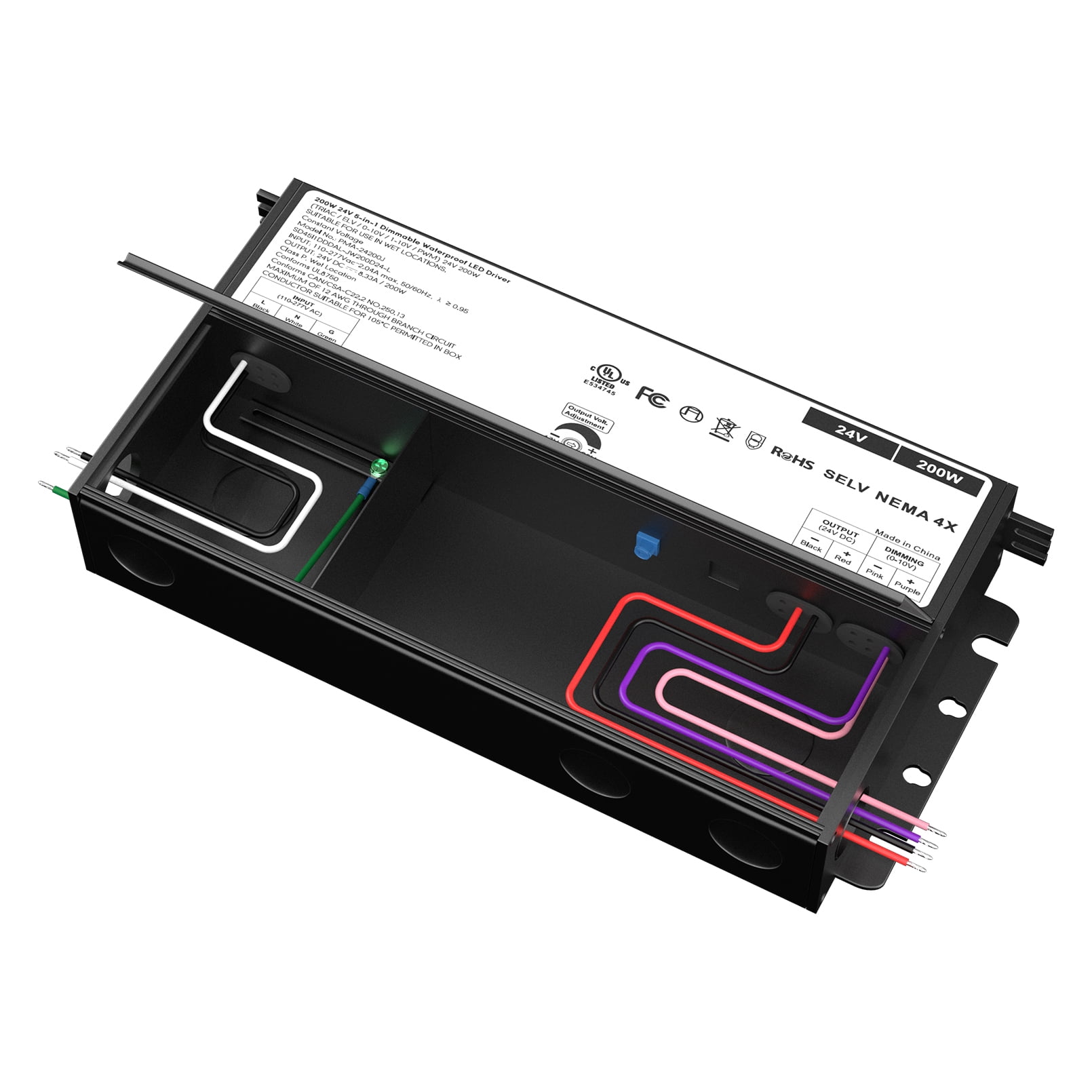 200W 24V 5-in-1 Dimmable LED Driver, 110-277V AC to DC Power Supply Transformer for LED Strip Lights, Compatible with TRIAC/ELV/0-10V/1-10V/PWM, Class P