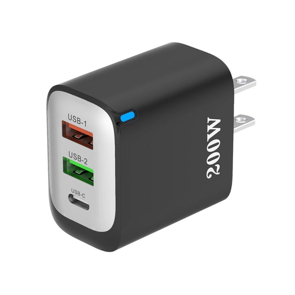 200W 3-Port USB Fast Charger - US Standard Wall Plug with 1 USB-C & 2 USB-A Ports, Compact Multi-Device Charging Adapter for Phone/Tablet/Laptop