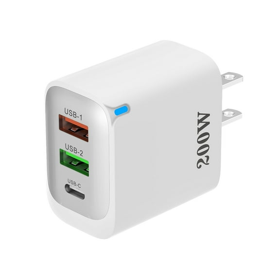 200W 3-Port USB Fast Charger - US Standard Wall Plug with 1 USB-C & 2 USB-A Ports, Compact Multi-Device Charging Adapter for Phone/Tablet/Laptop