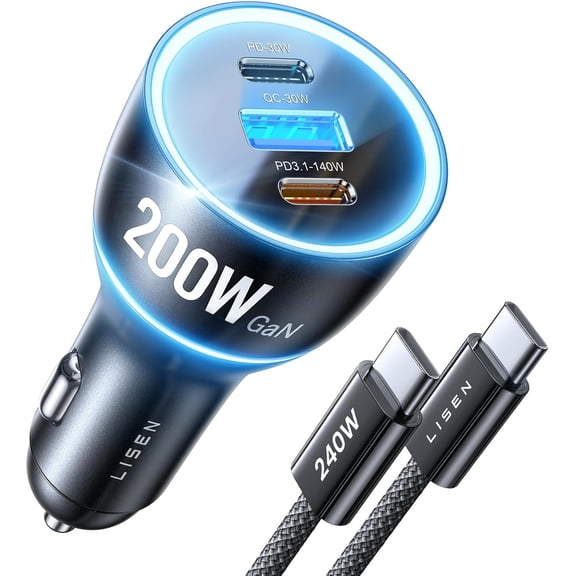 200W Car Charger USB C Fast Charge Gan PD 140W Fast Car Charger USB C, 3 Port Type C Fast Charging for Multi Device, for iPhone 17 16 15 14 13 12, MacBook Neo, Laptop, iPad, Samsung S26 S25