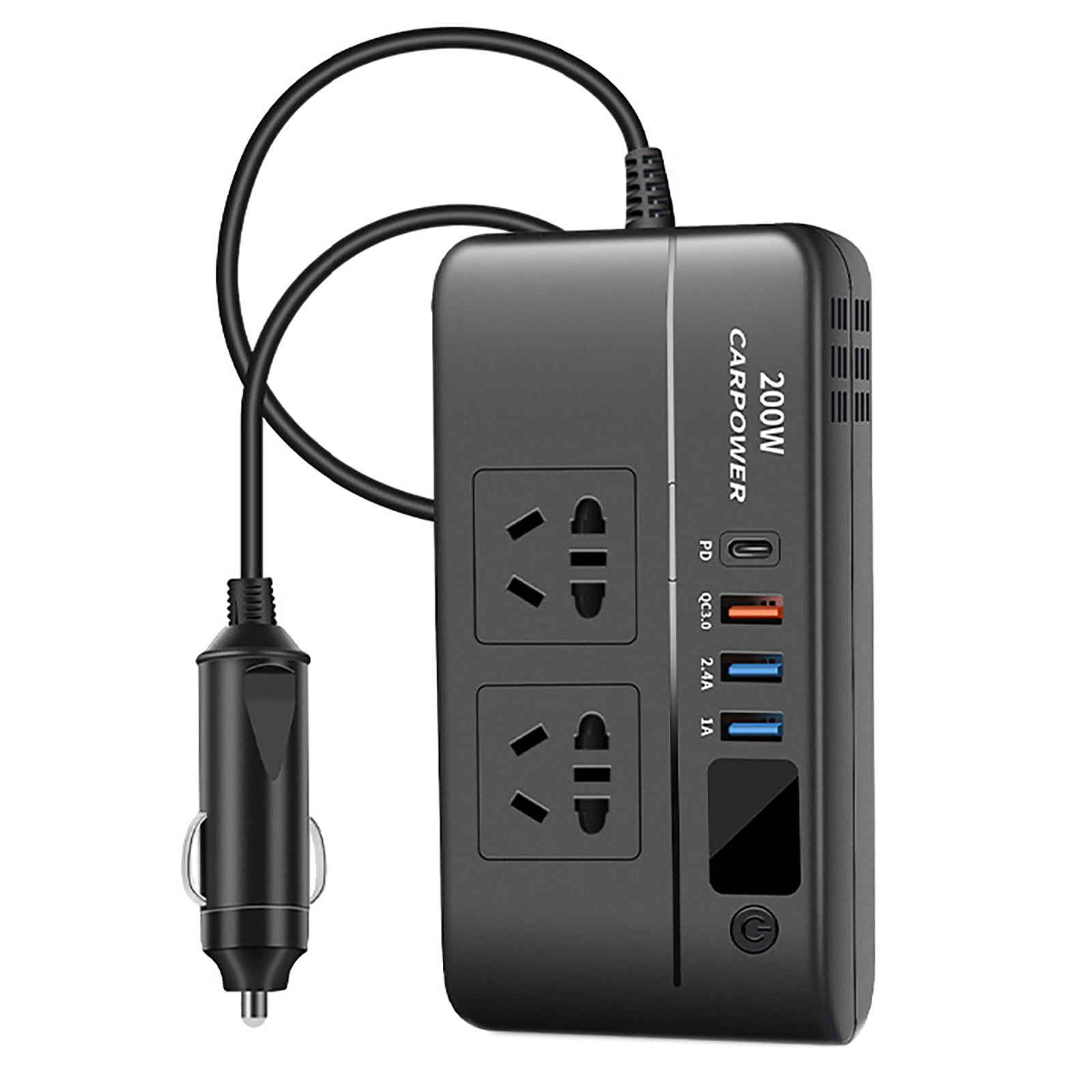 200W Car Power Device. Transforms 12V To 110V/220V AC. Has PD 18W USB C Two USB Ports QC3.0
