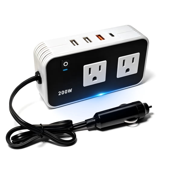 200W Car Power Inverter 12V to 110V for Vehicles, Car Plug Adapter Outlet with 4 USB Fast Charger, Car Charger Cigarette Lighter Adapter for Phone, Laptop on Road Trip