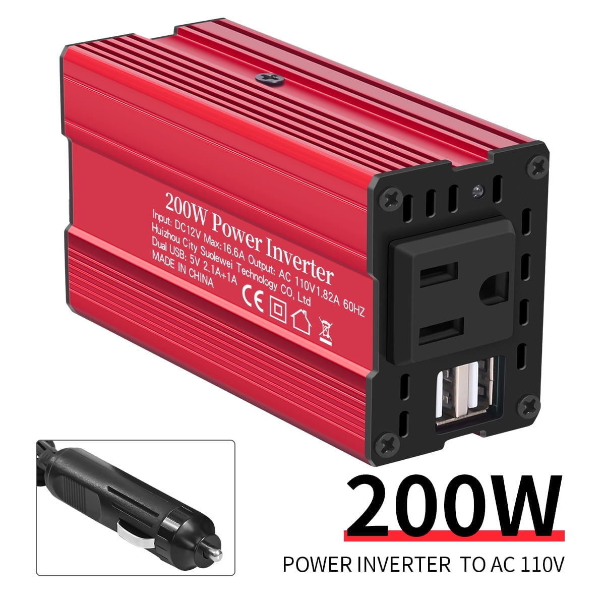 200W Car Power Inverter (12V to 110V) - Corrected Sine Wave Car Charger with Cigarette Lighter Plug and USB Port - Red