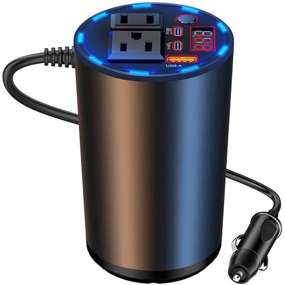 200W Car Power Inverter, Cup Holder 12V DC to 110V AC Car Plug Adapter Outlet Converter with AC Outlets and USB Ports, PD/QC Fast Charging, Power Inverter for Vehicles, Phone, Laptop, Road Trip