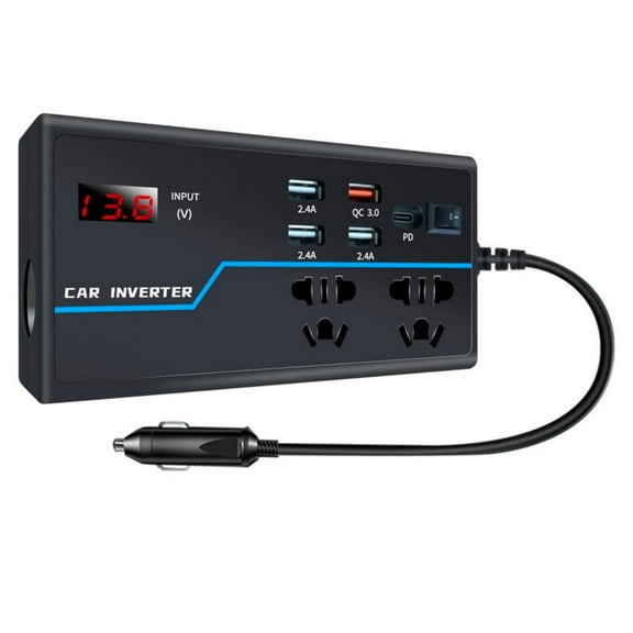 200W Car Power Inverter DC 12V to 110V DC Car Inverter with 4 USB Ports, 1 PD Port, LED Display, Cigarette Lighter Plug, and 2 DC Outlets