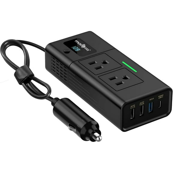 200W Car Power Inverter with USA Standard Plug,DC 12V to 110V AC Inverter with 4 Port USB QC3.0 and PD Fast Charging, Overvoltage protection, key switch, voltage display Car Adapter