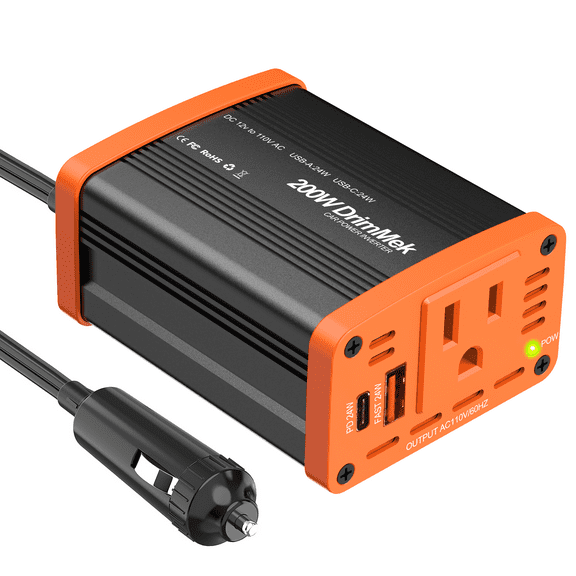 200W Car Power invewrter, DC 12V to 110V AC Car Plug Adapter Outlet with 24W USB-A/C, Power Inverters for Vehicles for Laptop Road Trip