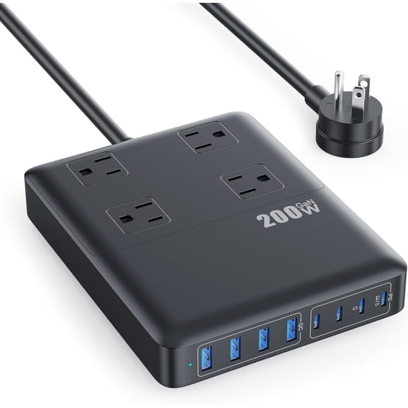 200W Charging Station,12-in-1 USB C Power Strip with Flat Plug and 5ft Extension Cord,4 AC Outlets,4 USB-A,4 USB-C Ports for iPhone 18/17/16/15,65W PD Fast Laptop Charger MacBook, Home,Office,Dorm