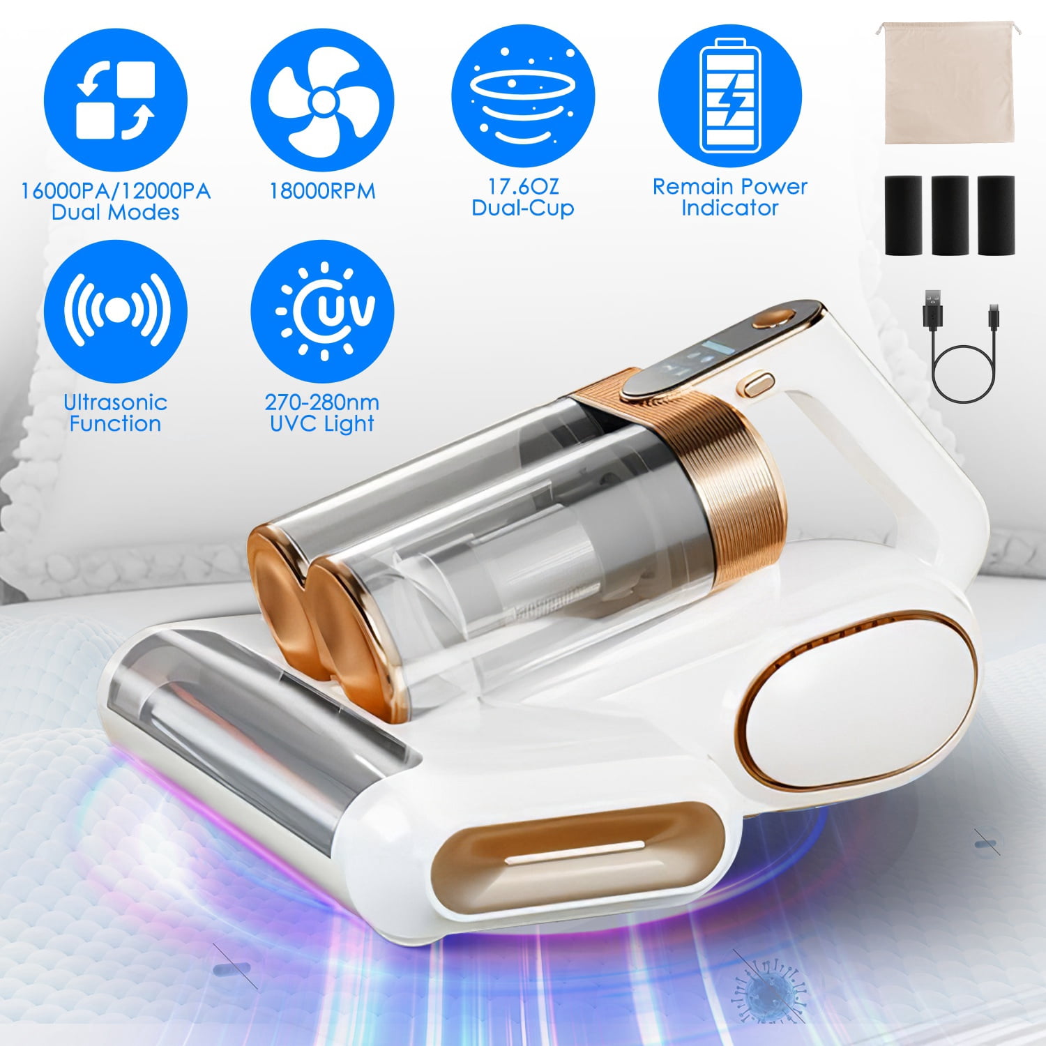 200W Cordless Mattress Vacuum Cleaner, 16KPA Strong Suction with UV & Ultrasonic Allergen Removal, 18000RPM Vibrating Brush Bed Vacuum for Mattress Carpet Pillow Crib - Beige
