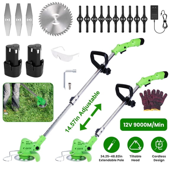 200W Cordless String Trimmer & Edger 2×1200mAh Battery Weed Wacker 3 Types Blades Adjustable Length & Angle Lightweight Lawn Trimmer for Yard Garden Farm Bush Cutting