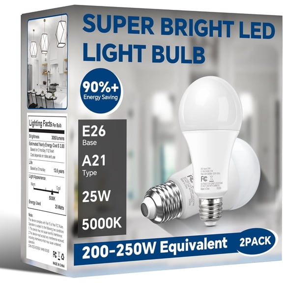 200W Equivalent LED Light Bulb, 3050LM Super Bright A21 LED Bulb, Daylight 5000K, 25W Energy Saving, E26 Medium Base, 120V for Gara, Warehouse, Shop, Living Room, Non-Dimmable, 2 Pack