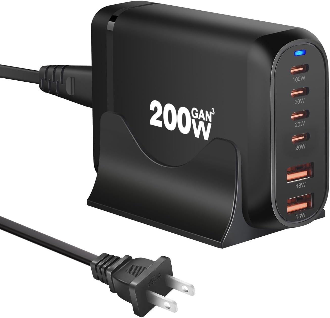 200W GaN USB C Charger, 6-Port USB Fast Charging Station, GaN III PD QC Desktop Charger Block for Multiple Devices, Compatible with MacBook, DELL, iPad Tablet