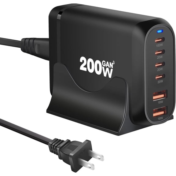 200W GaN USB C Charger, 6-Port USB Fast Charging Station, GaN III PD QC Desktop Charger Block for Multiple Devices, Compatible with MacBook, DELL, iPad Tablet