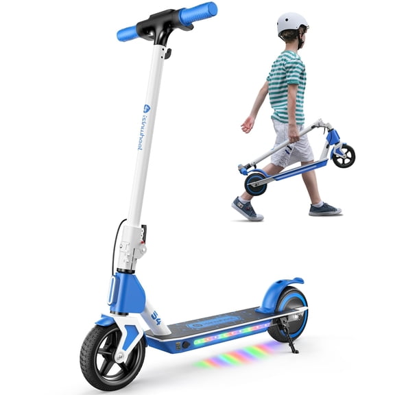 200W Kid Electric Scooter for Age 6-14 with 3 Speeds(5/8/12 Mph), LED Display, Colorful Lights, Gift for Kid, Blue