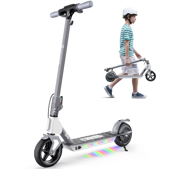 200W Kid Electric Scooter for Age 6-14 with 3 Speeds(5/8/12 Mph), LED Display, Colorful Lights, Gift for Kid, Grey