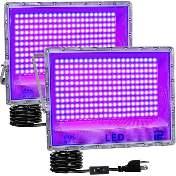 200W LED Black Light 2 Pack, Powerful UV Black Lights with Plug, IP66 Waterproof, 395-405nm UV Blacklight for Stage Lighting Fluorescent Poster Halloween Neon Party