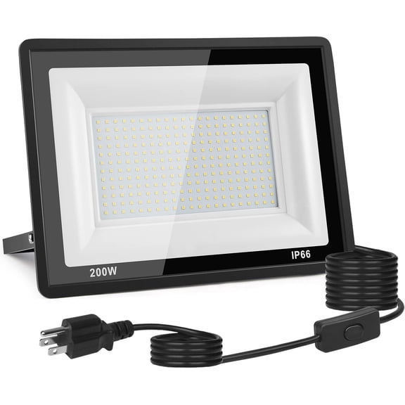 200W LED Flood Light Outdoor, 20000LM LED Work Light with Plug and Switch, IP66 Waterproof Security Lights, 5000K Daylight White.