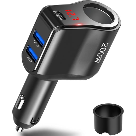 200W PD USB C Car Charger Adapter: 12V Cigarette Lighter Socket Splitter 12 Volt DC Plug Multi Way Auto Power Outlet with LED Voltmeter Switch Dual Type C Port for iPhone Samsung Phone GPS Dash Cam