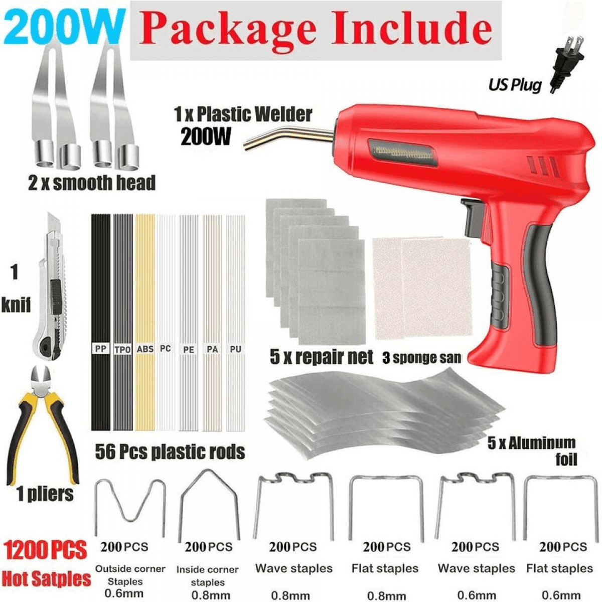 200W Plastic Welding Kit - Includes Plastic Welder, 1200 Hot Melt Nails, 56 Plastic Welding Rods, and Accessories - 2 in 1 Car Bumper Repair Kit for ABS, PP, TPO, and More - Ideal for Most Plastic Re