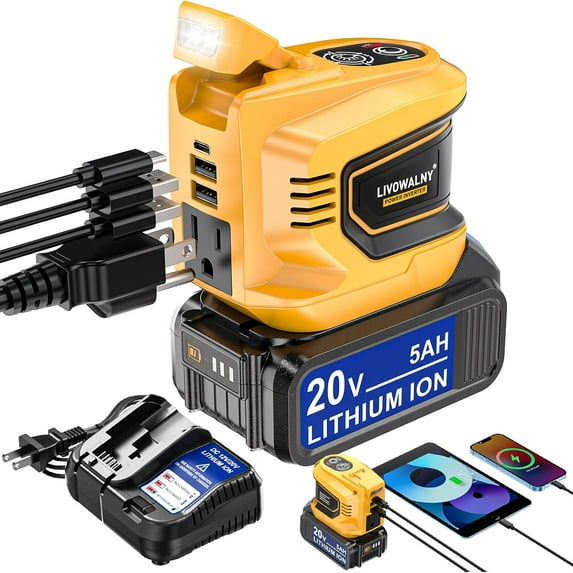200W Power Inverter for Dewalt 20V Max, Battery Inverter DC 20V to AC 110V-120V, Portable Power Adapter with a 5AH Battery & a Charging Station & 2 USB-A & 1 Type-C & 1 AC Outlet