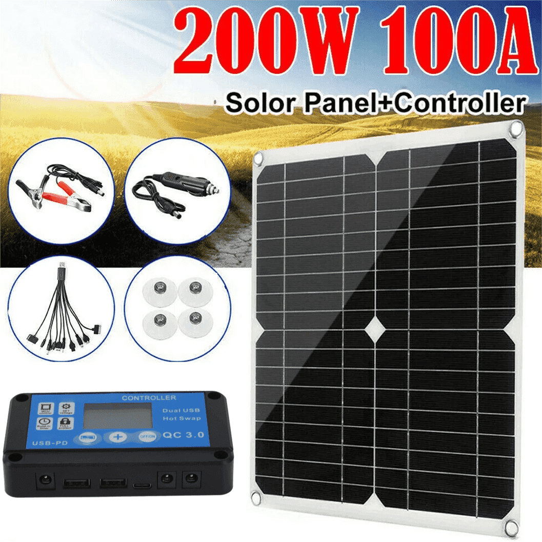200W Solar Panel Kit, 18V 100A Solar Charge Controller Dual USB Outputs Portable Waterproof Solar Panel Set for Boat Camping Motorcycle Home Outdoor Lights RV Camera Generators