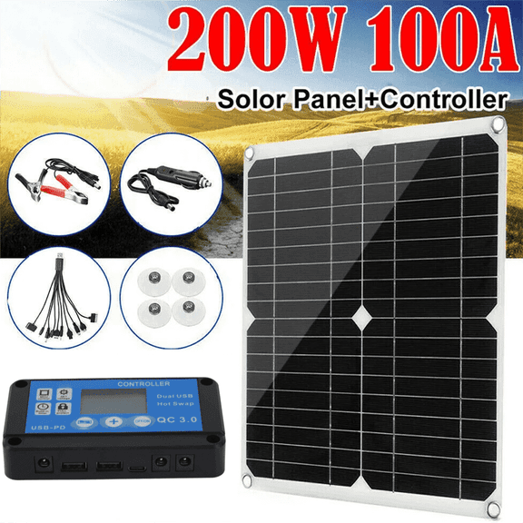 200W Solar Panel Kit, 18V 100A Solar Charge Controller Dual USB Outputs Portable Waterproof Solar Panel Set for Boat Camping Motorcycle Home Outdoor Lights RV Camera Generators