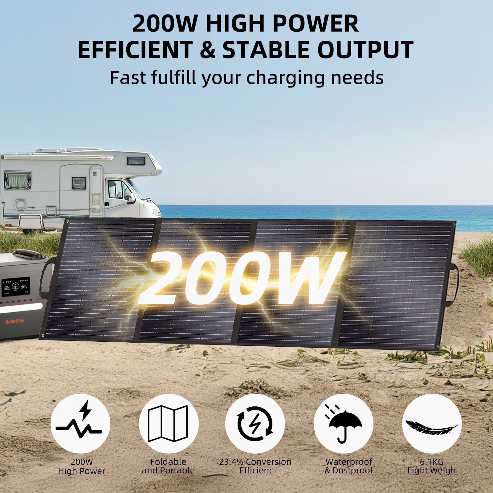 SolarPlay 200W Solar Panel, ETFE-Coated & Monocrystalline, 23.4% Efficiency, Foldable IP65 Waterproof Power Backup for RV, Home, Outdoor Use