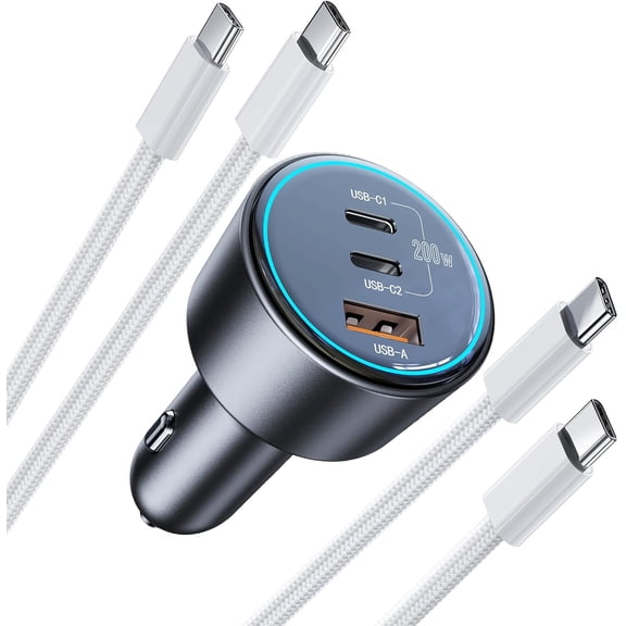 200W Super Fast Car Charger for iPhone 16/15 Pro Max, 3-Port USB C Car Charger Adapter with 2100W USB C to C Cables, PD3.0/QC4.0, 12V-24V Vehicle Compatible, LED Light & Overheat Protection