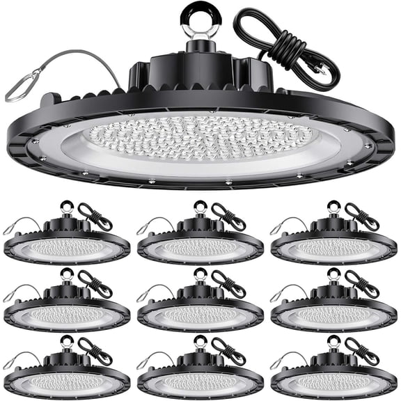 200W UFO LED High Bay Light 30000LM IP65 5000K Daylight Super Bright Commercial High Bay LED Shop Lights for Warehouse Garage Factory Workshop Barn Gym with US Plug Cable & Safe Rope 10Pack