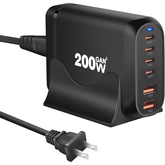 200W USB-C Charger Block, 6 Ports USB-C Fast Charging Station, GaN III PD QC Desktop Charger Block for Multiple Devices, Compatible with MacBook, DELL, Tablet, iPad, iPhone, Samsung Galaxy, Black