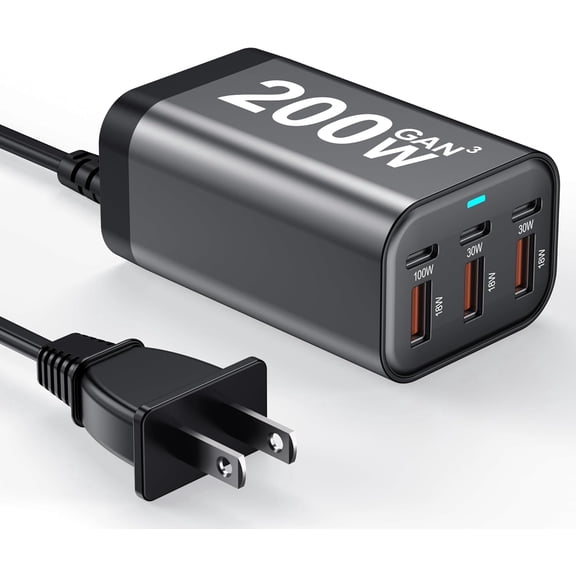 200W USB-C Charging Block, 6-Port GaN Fast Charging Station for Laptop, iPad, iPhone 17 Pro Max, Pixel Charger, DELL MacBook Pro/Air, Galaxy S25, Steam Deck USB-C 100W Adapter
