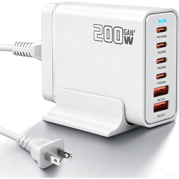200W USB C Fast Charger, GaN PD 100W Charging Station, Upgraded 6-Port USB-C Fast Charging, Adapter for iPad iPhone 17 16 15 14 12, MacBook Pro, Samsung Galaxy