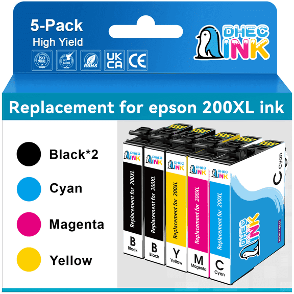 DHECINK 200XL Ink Cartridge Compatible for Epson Ink 200 XL 200XL T200 T200XL for Epson Expression XP-200 XP-300 XP-310 XP-400 Workforce WF-2520 WF-2530 Printer(5 Pack)