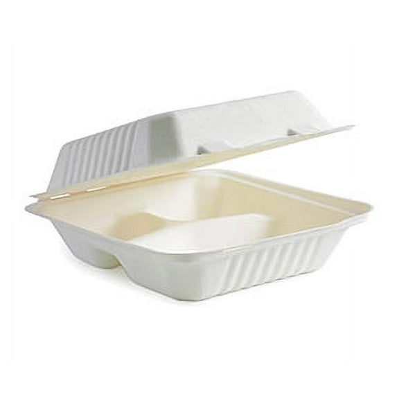 200ct 100% COMPOSTABLE 8x8 3 Compartment takeout clamshell Food Container with lid, Biodegradable Microwave Safe, BPI Certified Food Containers Made from Sugarcane Bagasse