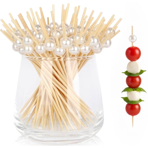 200ct Cocktail Picks, 4.7" Pearl Toothpicks for Appetizers & Charcuterie, Fancy Bamboo Skewers for Drinks, Wedding, Party & Food Decorations, White