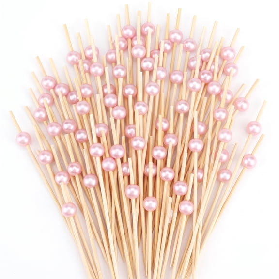 200ct Pink Pearl Cocktail Picks, 4.7" Bamboo Toothpicks for Appetizers & Charcuterie, Fancy Decorative Skewers for Girl Baby Shower, Wedding, Party
