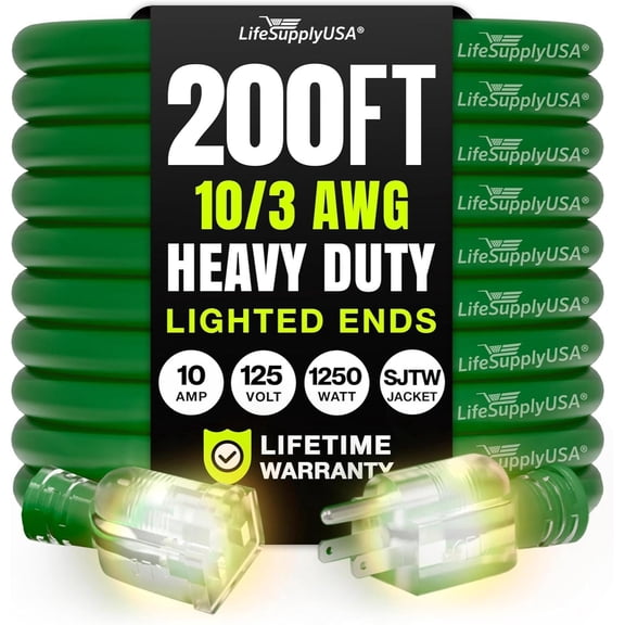 LifeSupplyUSA 200FT Green Extension Cord 10/3 Gauge, Heavy Duty 3 Prong Power Cord, Waterproof, Flexible, SJTW, 10A 125V 1250W - For Indoor/Outdoor