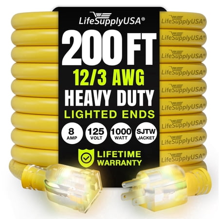 200ft Outdoor/Indoor Extension Cord 12/3 Gauge Extra Heavy Duty 3 Prong SJTW, Waterproof, Flexible Cold-Resistant Long Power Cord,8A 125V 1000W, Yellow by LifeSupplyUSA price history and forecast - LifeSupplyUSA 12 Gauge (EXTRA HEAVY DUTY)
