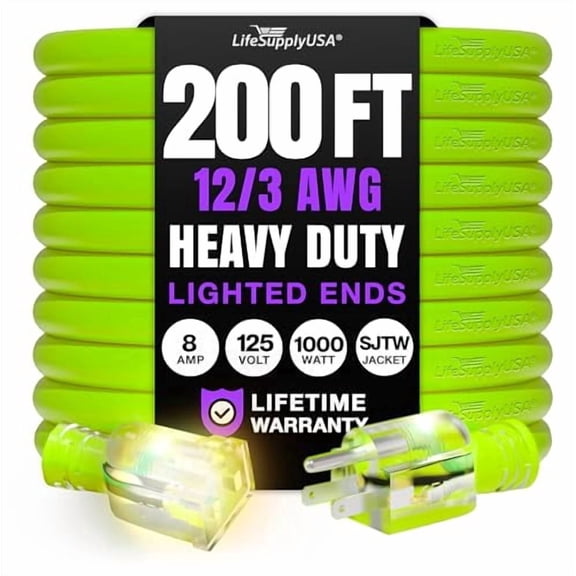 200ft Outdoor/Indoor Extension Cord 12/3 Gauge Extra Heavy Duty 3 Prong SJTW, Waterproof, Flexible Cold-Resistant Long Power Cord,8A 125V 1000W, Neon Green by LifeSupplyUSA