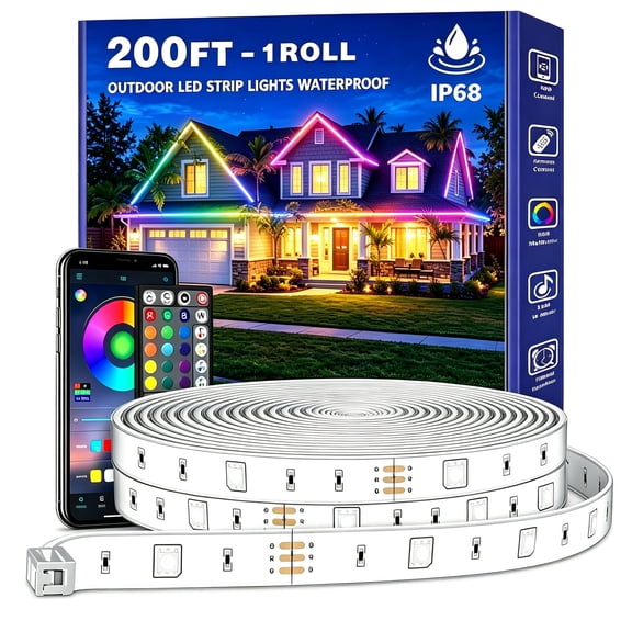 200ft Outdoor LED Strip Lights Waterproof IP67,RGB Led Light Strips with Remote Control and Music Sync Mains Powered for Outside Garden House Pool Roof Lawn Decor