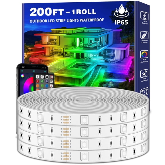 200ft Outdoor LED Strip Lights Waterproof,IP68 Outside Led Light Strips with App and Remote,Music Sync RGB Exterior Rope Self Adhesive Back for Eaves Deck,Balcony,Pool