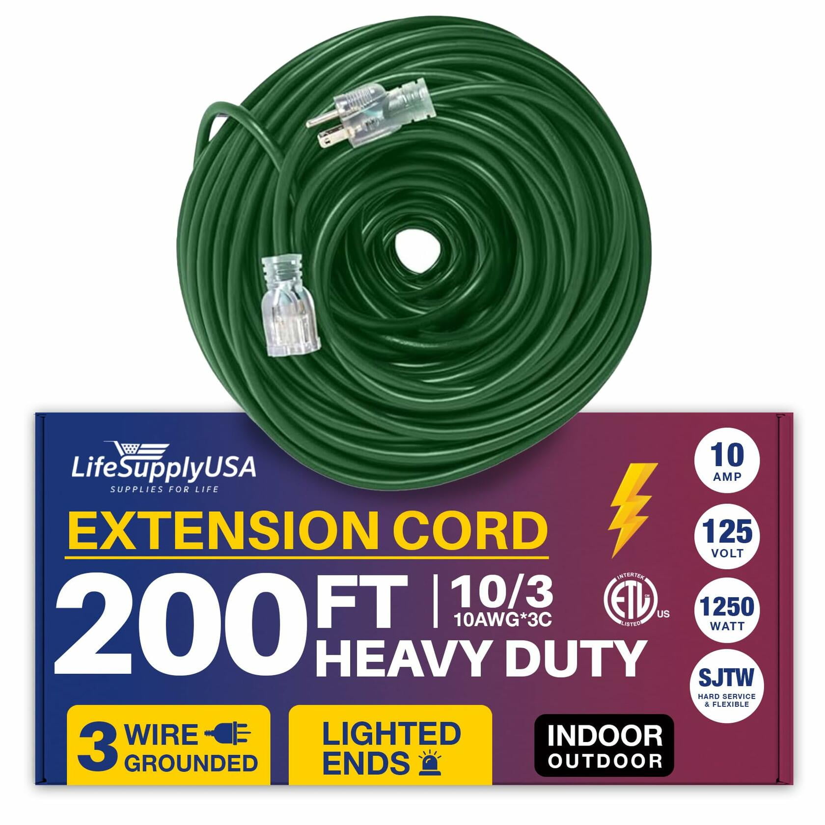 LifeSupplyUSA 200ft Outdoor/Indoor Extension Cord, Waterproof, 10 Gauge ...