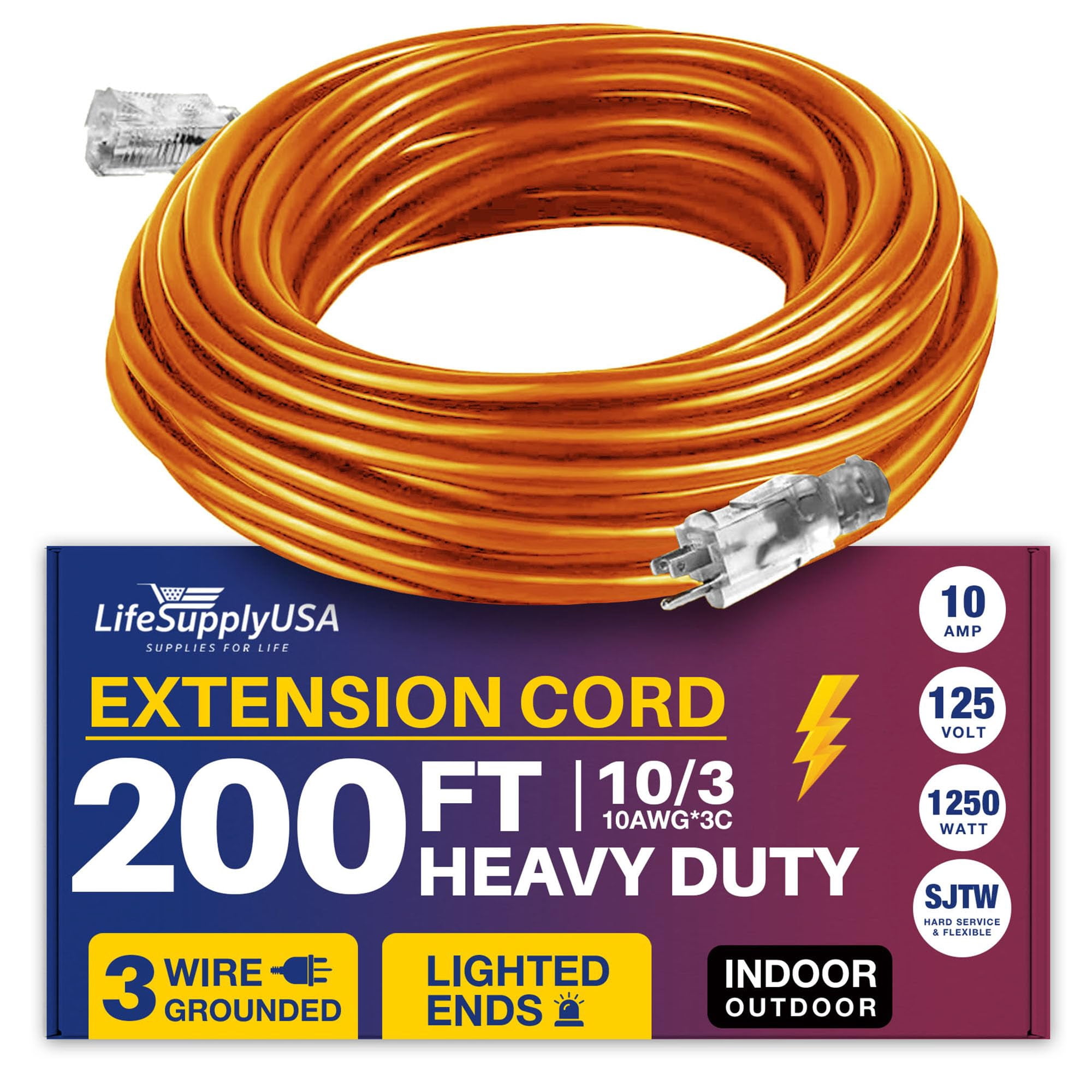 200ft Outdoor/Indoor Extension Cord 10/3 Gauge Ultra Heavy Duty 3 Prong SJTW, Waterproof, Flexible Cold-Resistant Long Power Cord,125 Amp 1250W, Orange by LifeSupplyUSA