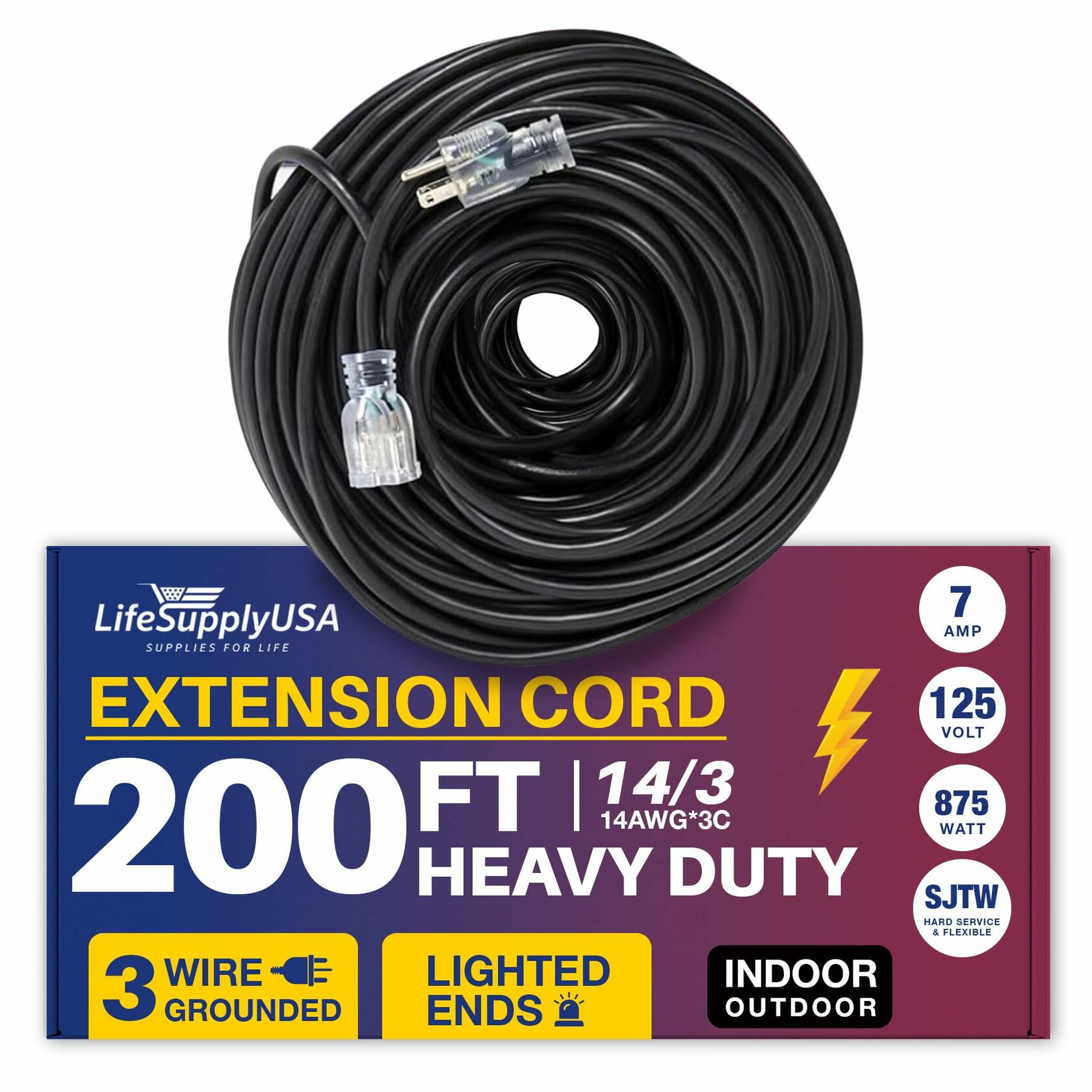 200ft Outdoor/Indoor Extension Cord 14/3 Gauge Heavy Duty 3 Prong SJTW, Waterproof, Flexible Cold-Resistant Long Power Cord,125 Amp 875W, Orange by LifeSupplyUSA