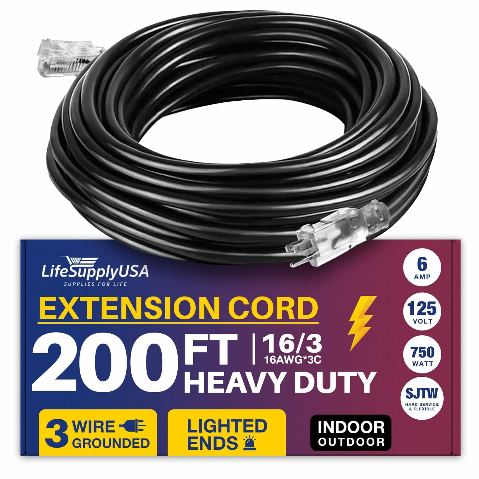 200ft Outdoor/Indoor Extension Cord 16/3 Gauge Heavy Duty 3 Prong SJTW, Waterproof, Flexible Cold-Resistant Long Power Cord,125 Amp 875W, Orange by LifeSupplyUSA