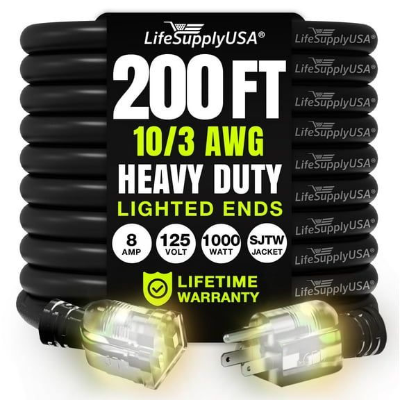 200ft Outdoor/Indoor Extension Cord 10/3 Gauge Ultra Heavy Duty 3 Prong SJTW, Waterproof, Flexible Cold-Resistant Long Power Cord,125 Amp 1000W, Black by LifeSupplyUSA