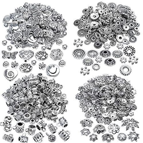 200g (About 400-500pcs) Tibetan Alloy Spacer Beads Flower Bead Caps Bail Tube Beads Rondelle Flower Heart Loose Charm Beads for DIY Bracelet Necklace Crafts Jewelry Making
